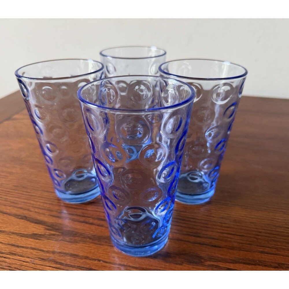 Pasabahce Polka Dot Optic Circle Tumbler Drinking Glasses Set Of 4 Blue